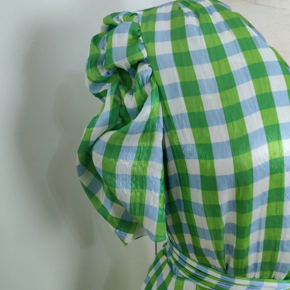TANYA TAYLOR Natasha Gingham Faux Wrap Green Blue Puff Sleeve Ruffle Dress - Picture 6 of 12